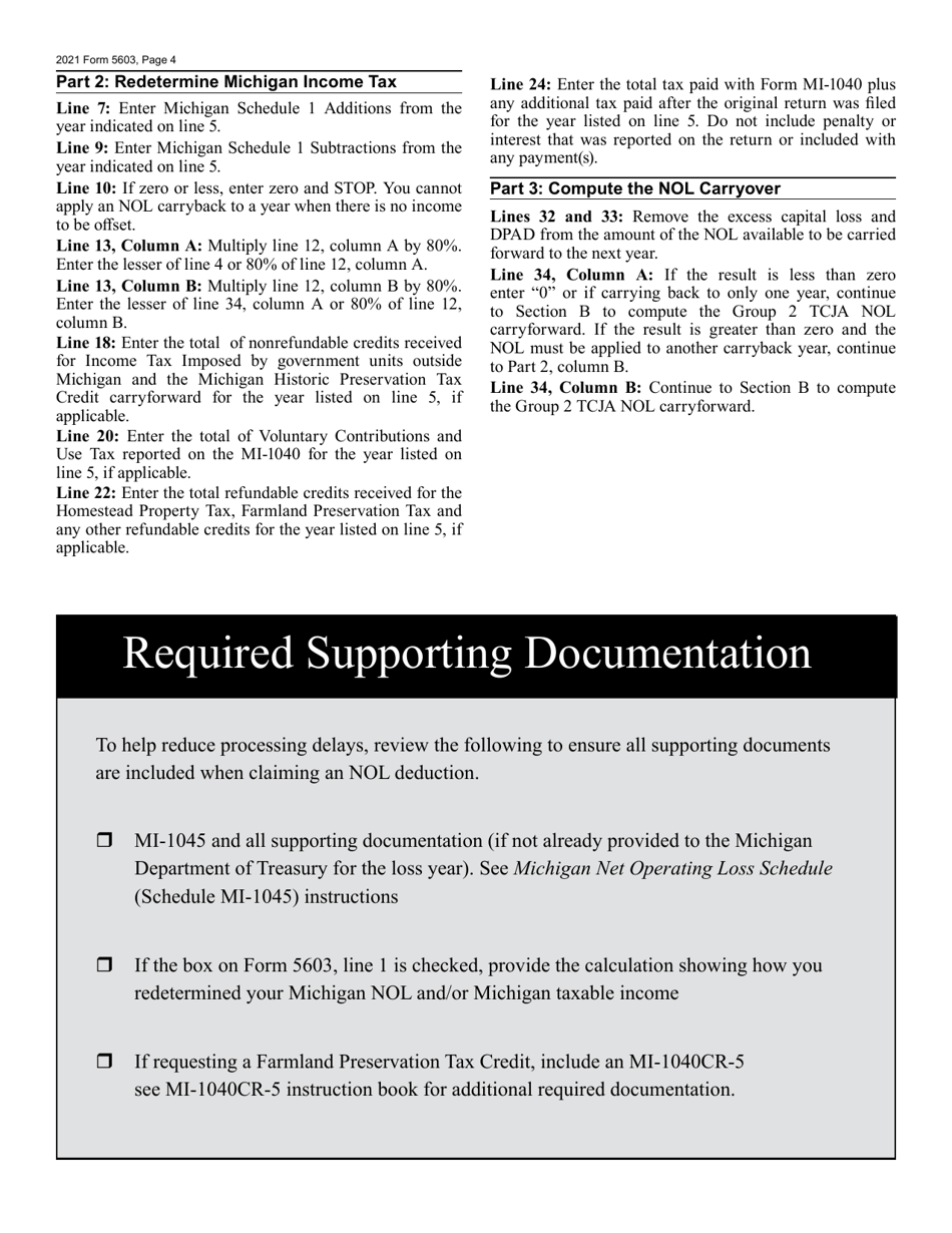 Form 5603 Michigan Farming Loss Carryback Refund Request - Michigan, Page 4