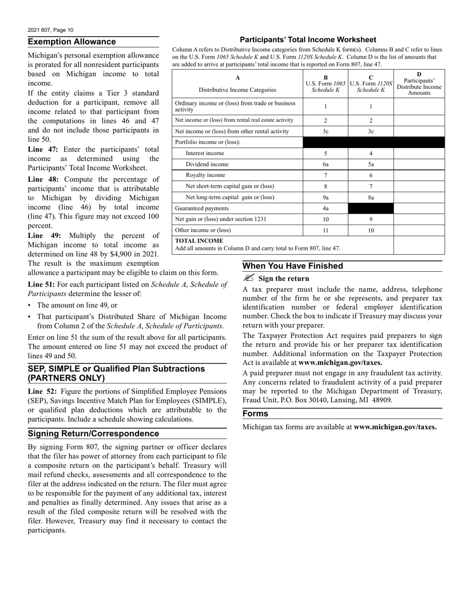 Form 807 Michigan Composite Individual Income Tax Return - Michigan, Page 10