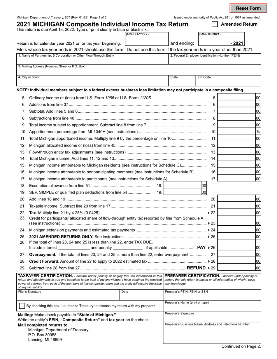 Form 807 Michigan Composite Individual Income Tax Return - Michigan, Page 1