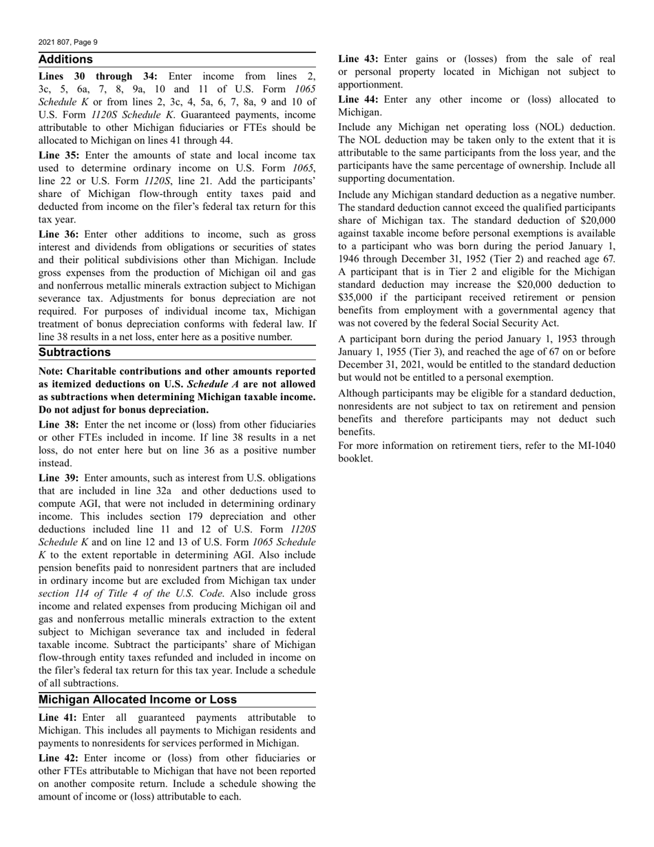 Form 807 Michigan Composite Individual Income Tax Return - Michigan, Page 9