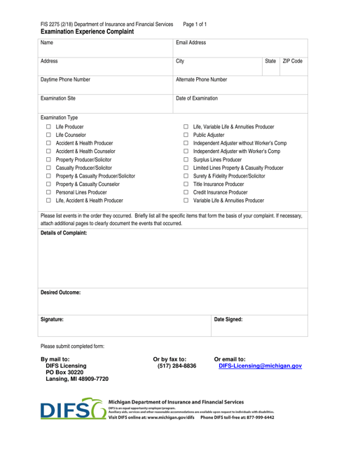 Form FIS2275 Examination Experience Complaint - Michigan