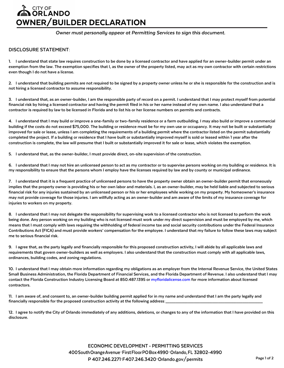 City of Orlando, Florida Owner/Builder Declaration Fill Out, Sign
