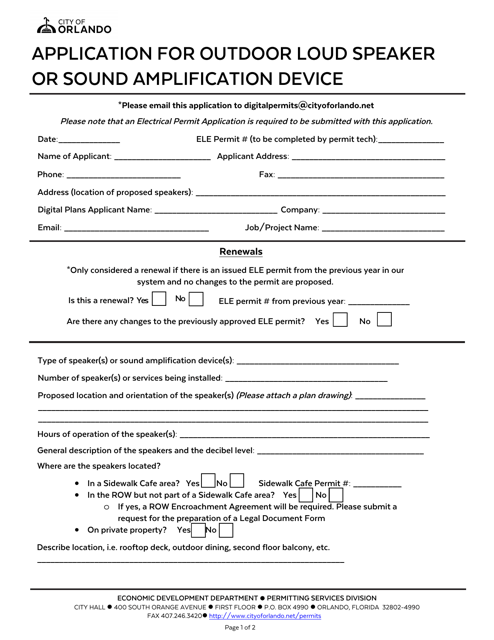 Application for Outdoor Loud Speaker or Sound Amplification Device - City of Orlando, Florida Download Pdf