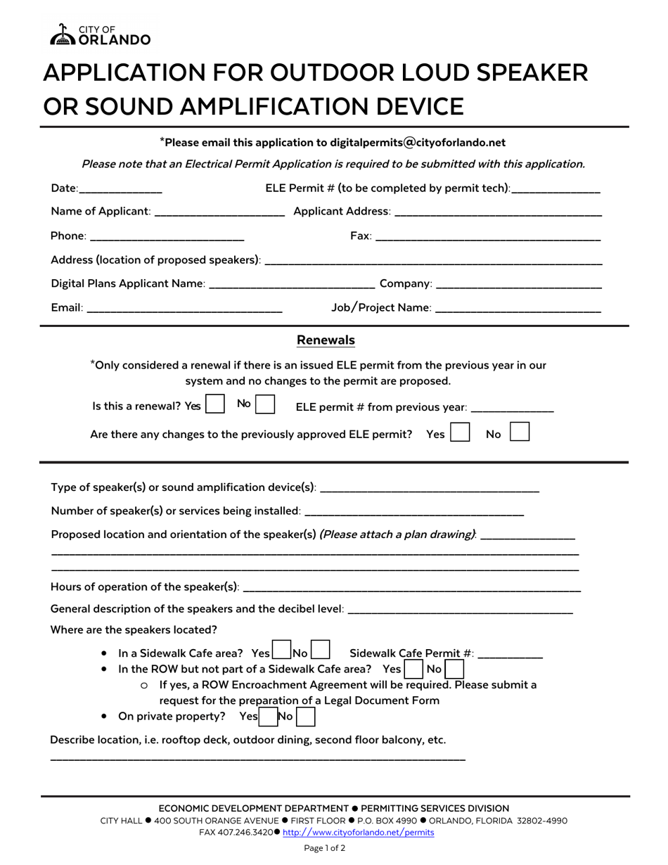 Application for Outdoor Loud Speaker or Sound Amplification Device - City of Orlando, Florida, Page 1
