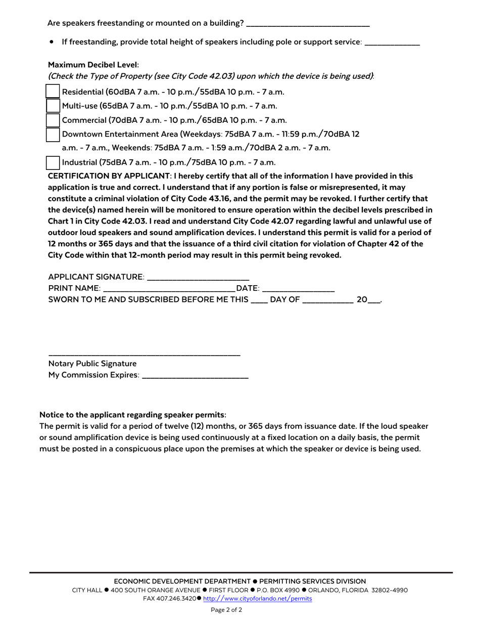 City of Orlando, Florida Application for Outdoor Loud Speaker or Sound ...