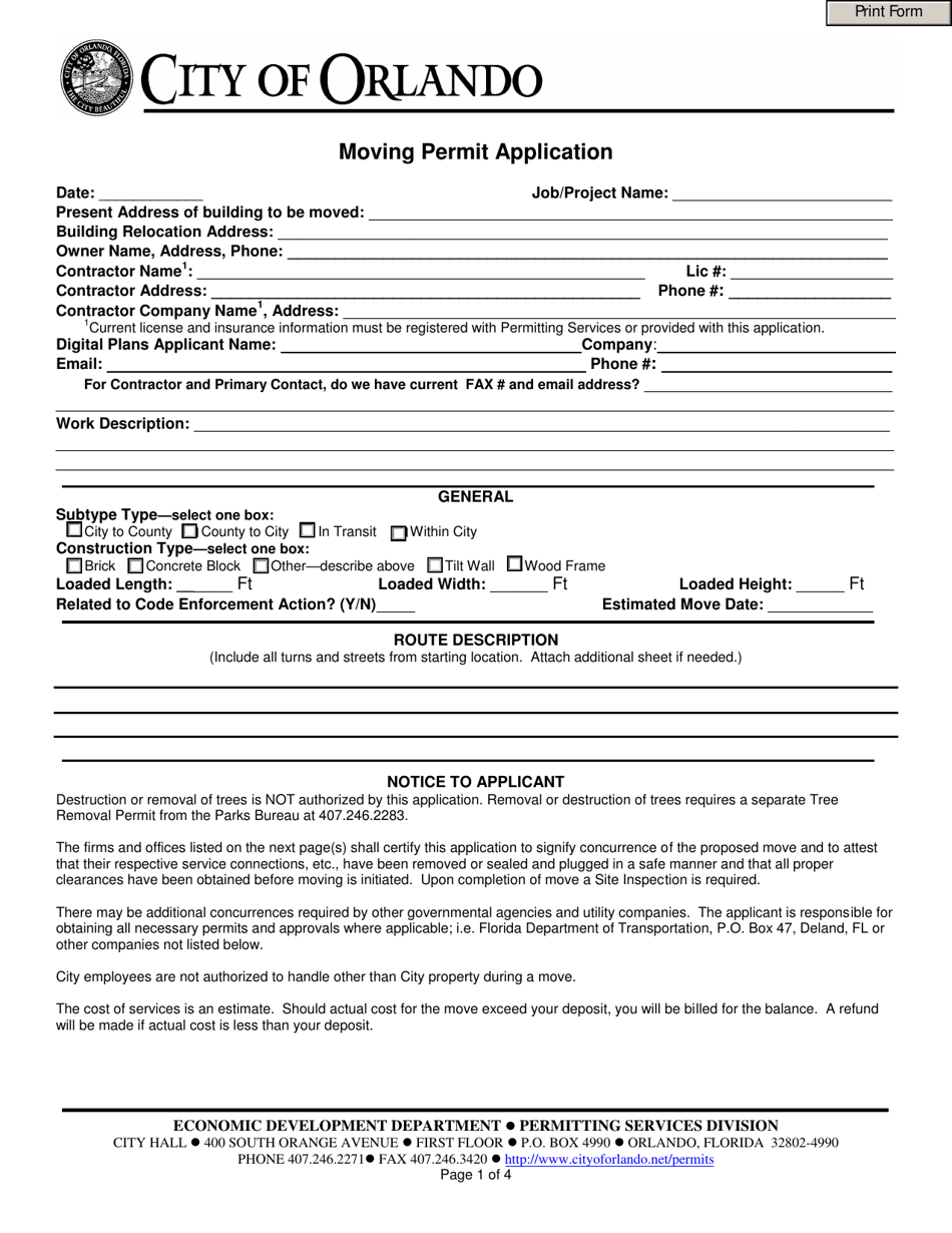 Moving Permit Application - City of Orlando, Florida, Page 1