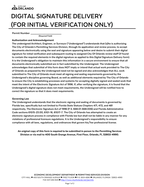 Digital Signature Delivery (For Initial Verification Only) - City of Orlando, Florida