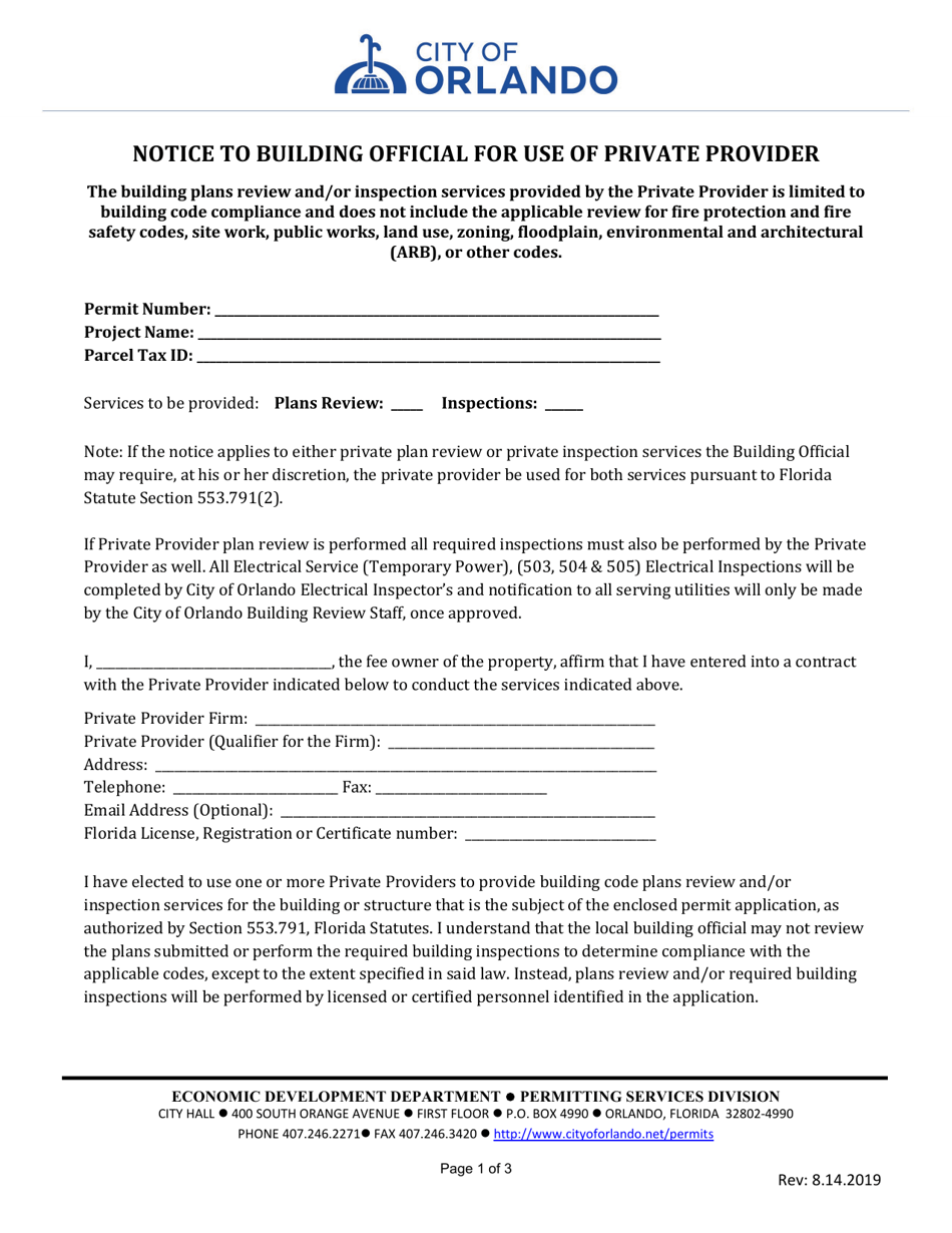 Notice to Building Official for Use of Private Provider - City of Orlando, Florida, Page 1