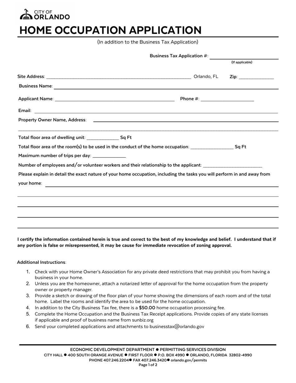 Home Occupation Application - City of Orlando, Florida, Page 1