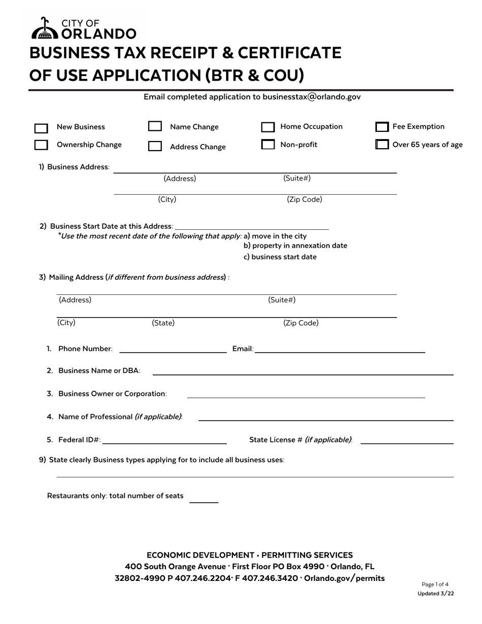 Business Tax Receipt  Certificate of Use Application (Btr  Cou) - City of Orlando, Florida, Page 1