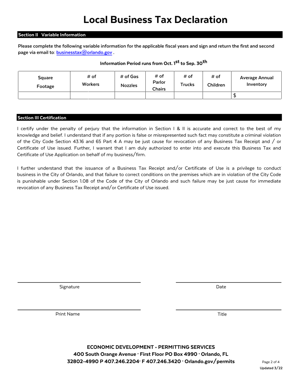 Business Tax Receipt  Certificate of Use Application (Btr  Cou) - City of Orlando, Florida, Page 2