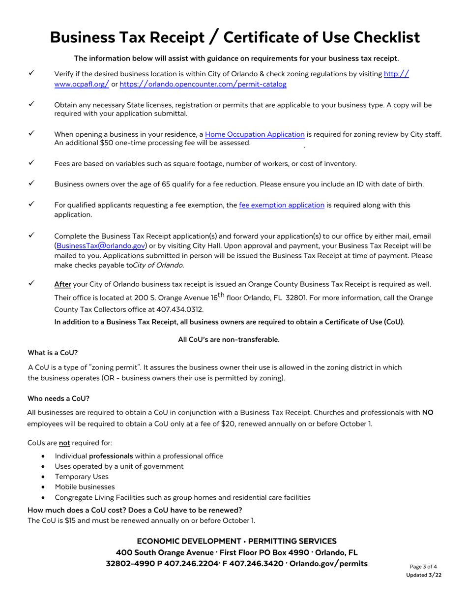 Business Tax Receipt  Certificate of Use Application (Btr  Cou) - City of Orlando, Florida, Page 3