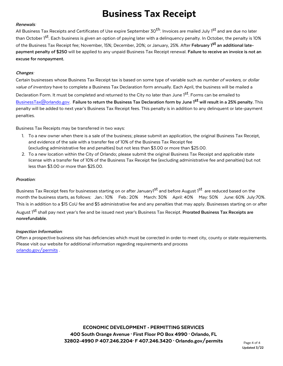 Business Tax Receipt  Certificate of Use Application (Btr  Cou) - City of Orlando, Florida, Page 4