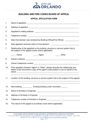Document preview: Appeal Application Form - Building and Fire Codes Board of Appeal - City of Orlando, Florida
