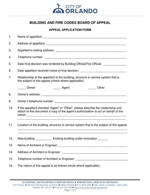 Appeal Application Form - Building and Fire Codes Board of Appeal - City of Orlando, Florida