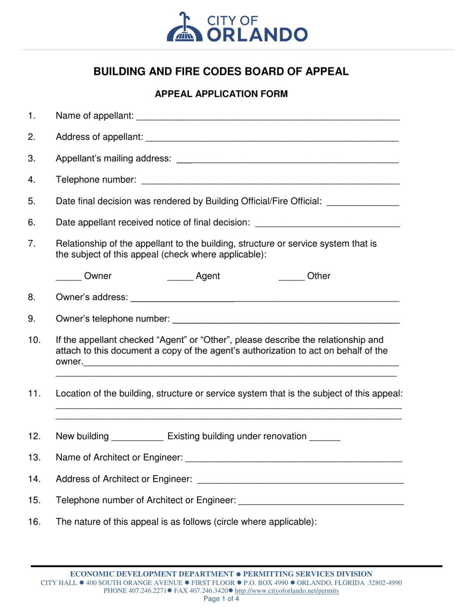 Appeal Application Form - Building and Fire Codes Board of Appeal - City of Orlando, Florida, Page 1