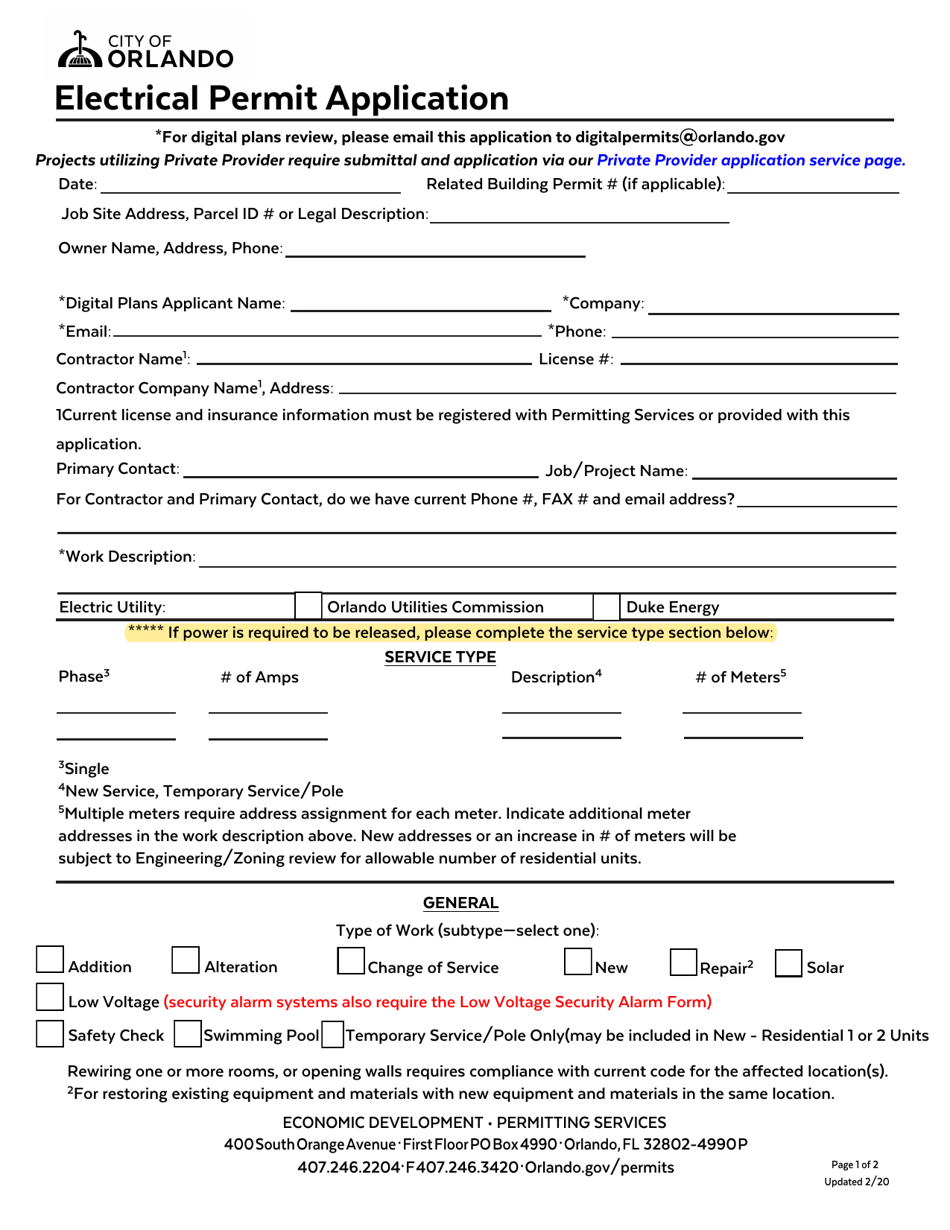 Electrical Permit Application - City of Orlando, Florida, Page 1