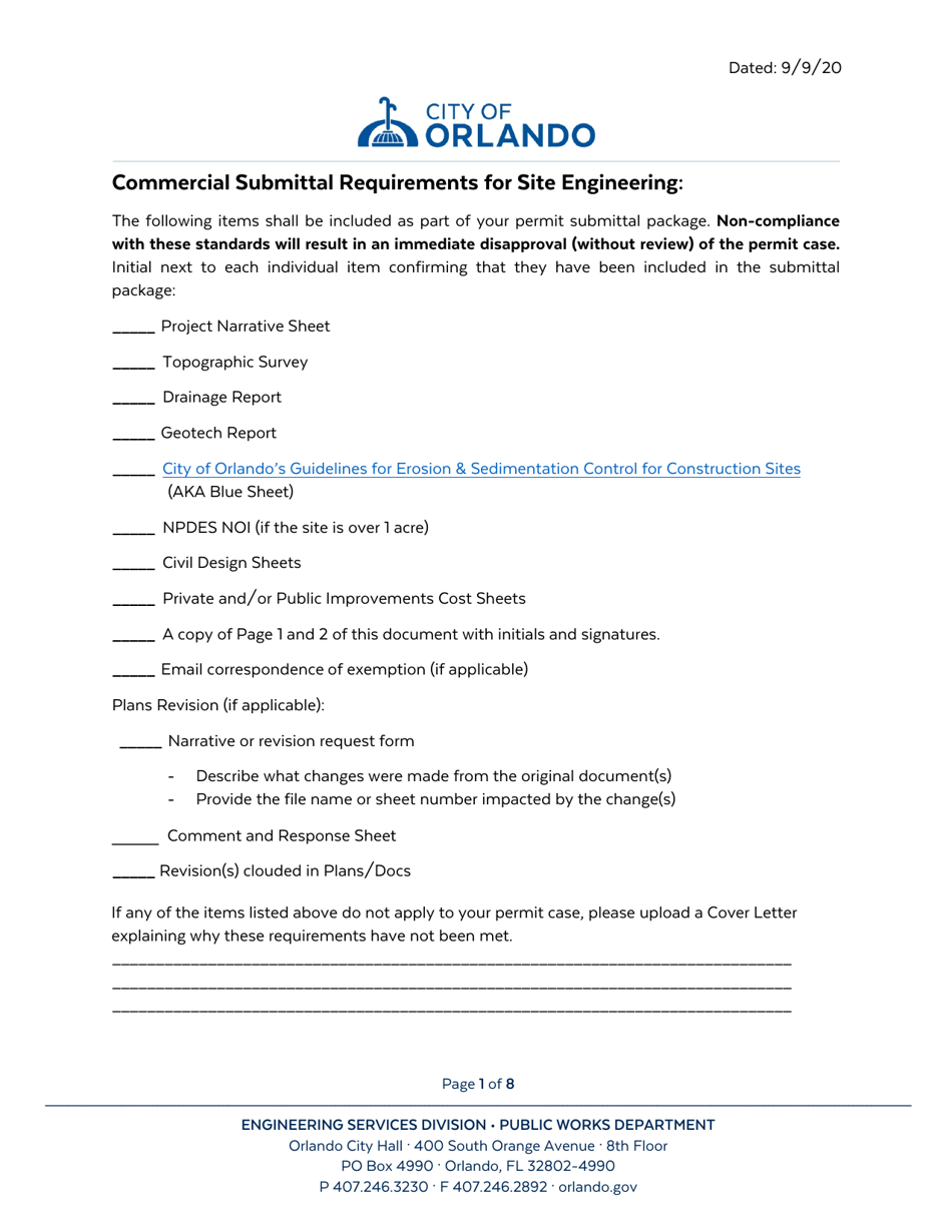 Commercial Submittal Requirements for Site Engineering - City of Orlando, Florida, Page 1