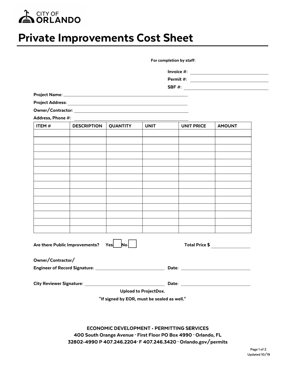 Private Improvements Cost Sheet - City of Orlando, Florida, Page 1