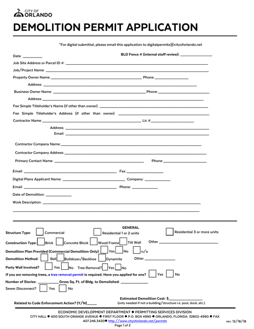 Demolition Permit Application - City of Orlando, Florida Download Pdf