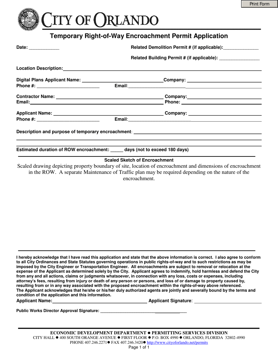Temporary Right-Of-Way Encroachment Permit Application - City of Orlando, Florida, Page 1