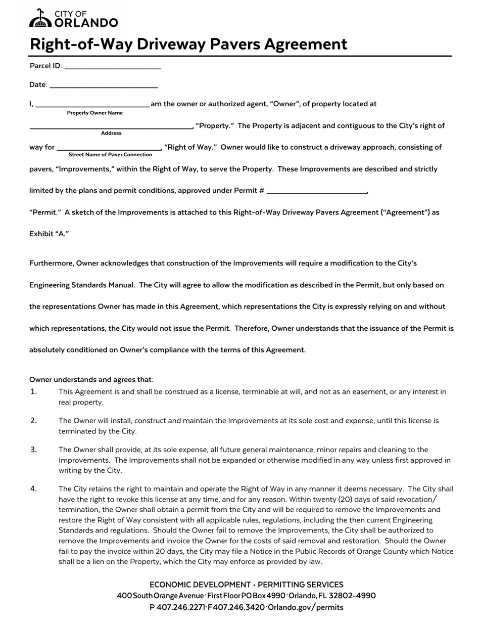 City of Orlando, Florida RightOfWay Driveway Pavers Agreement Fill