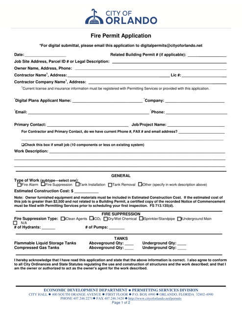 Fire Permit Application - City of Orlando, Florida Download Pdf