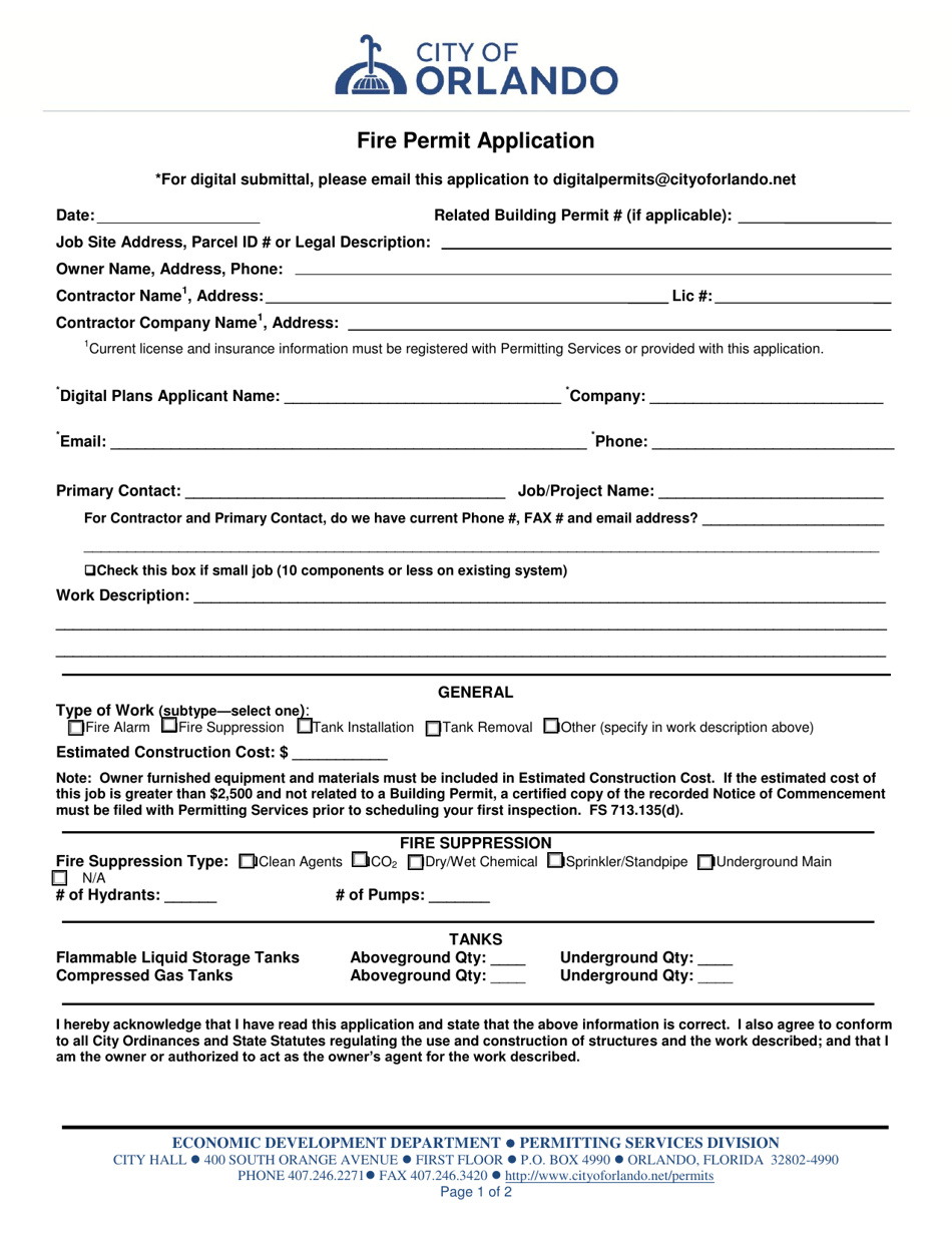 Fire Permit Application - City of Orlando, Florida, Page 1