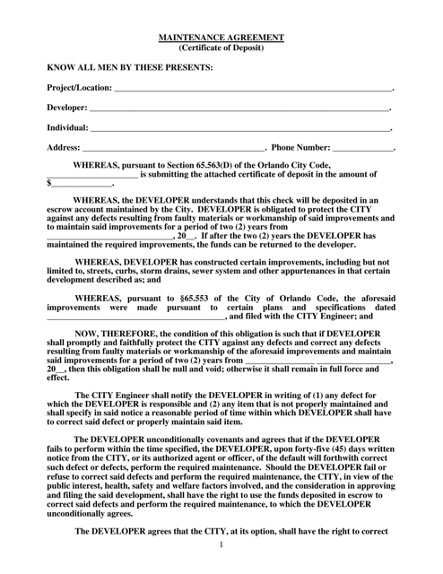 Maintenance Agreement (Certificate of Deposit) - City of Orlando, Florida