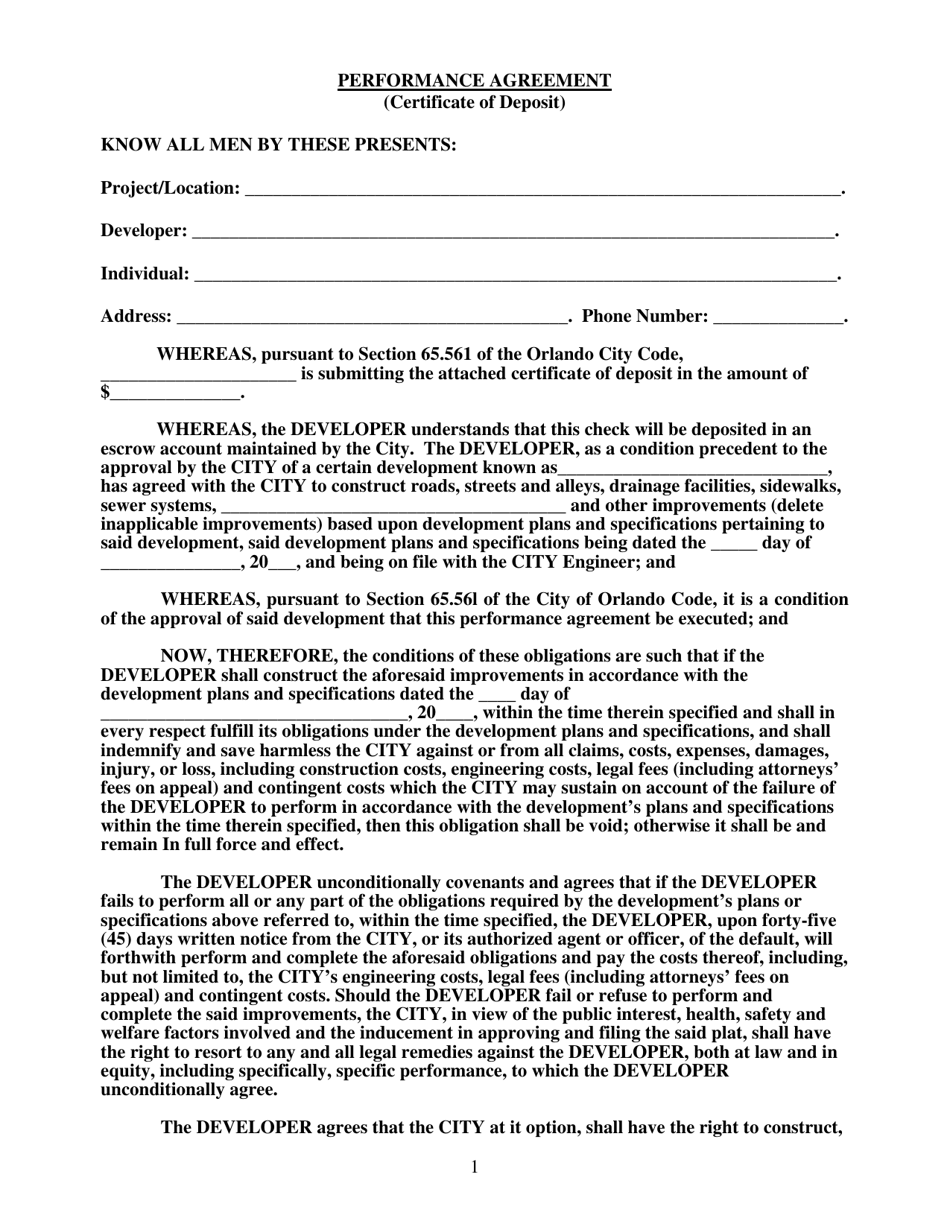 Performance Agreement (Certificate of Deposit) - City of Orlando, Florida, Page 1