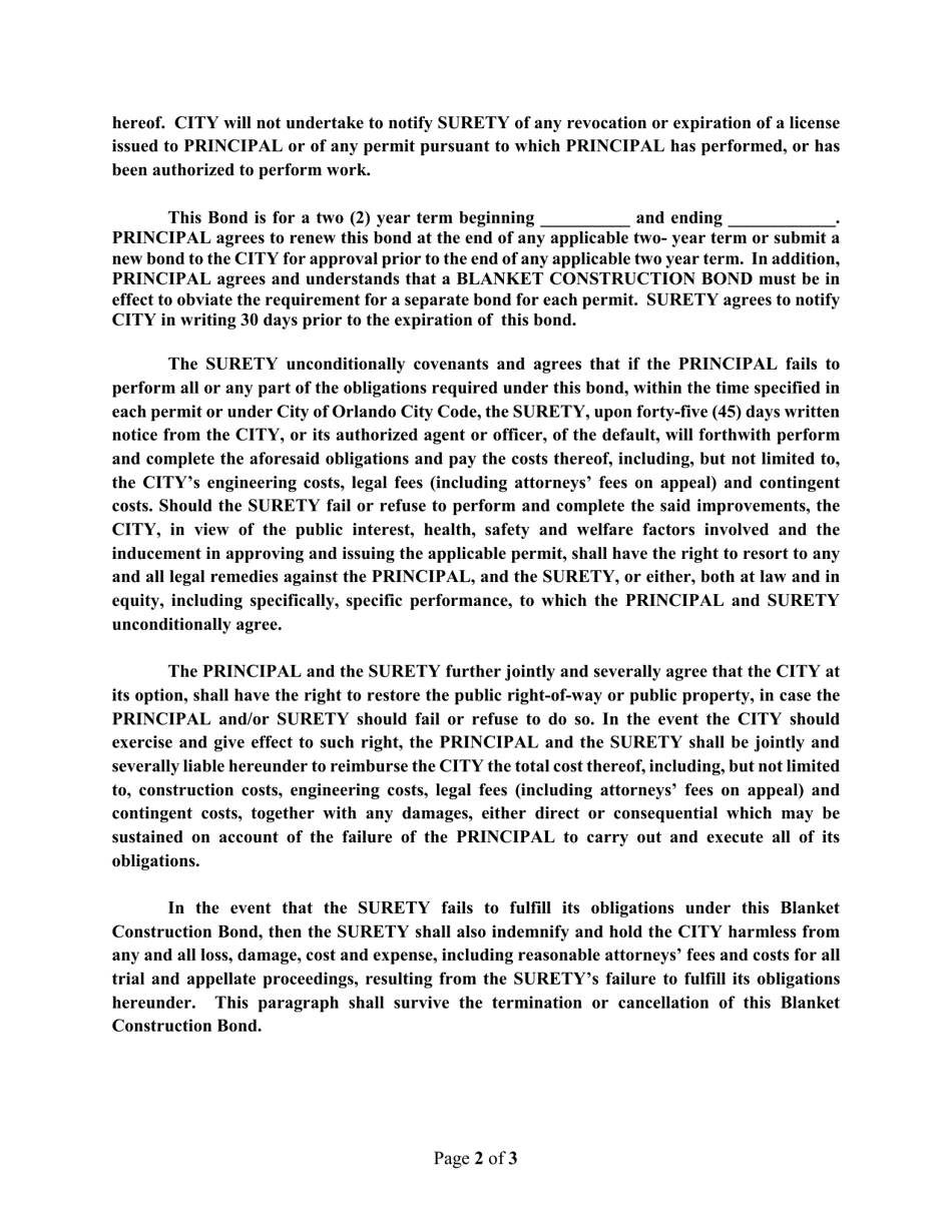 Blanket Construction Bond - City of Orlando, Florida, Page 2