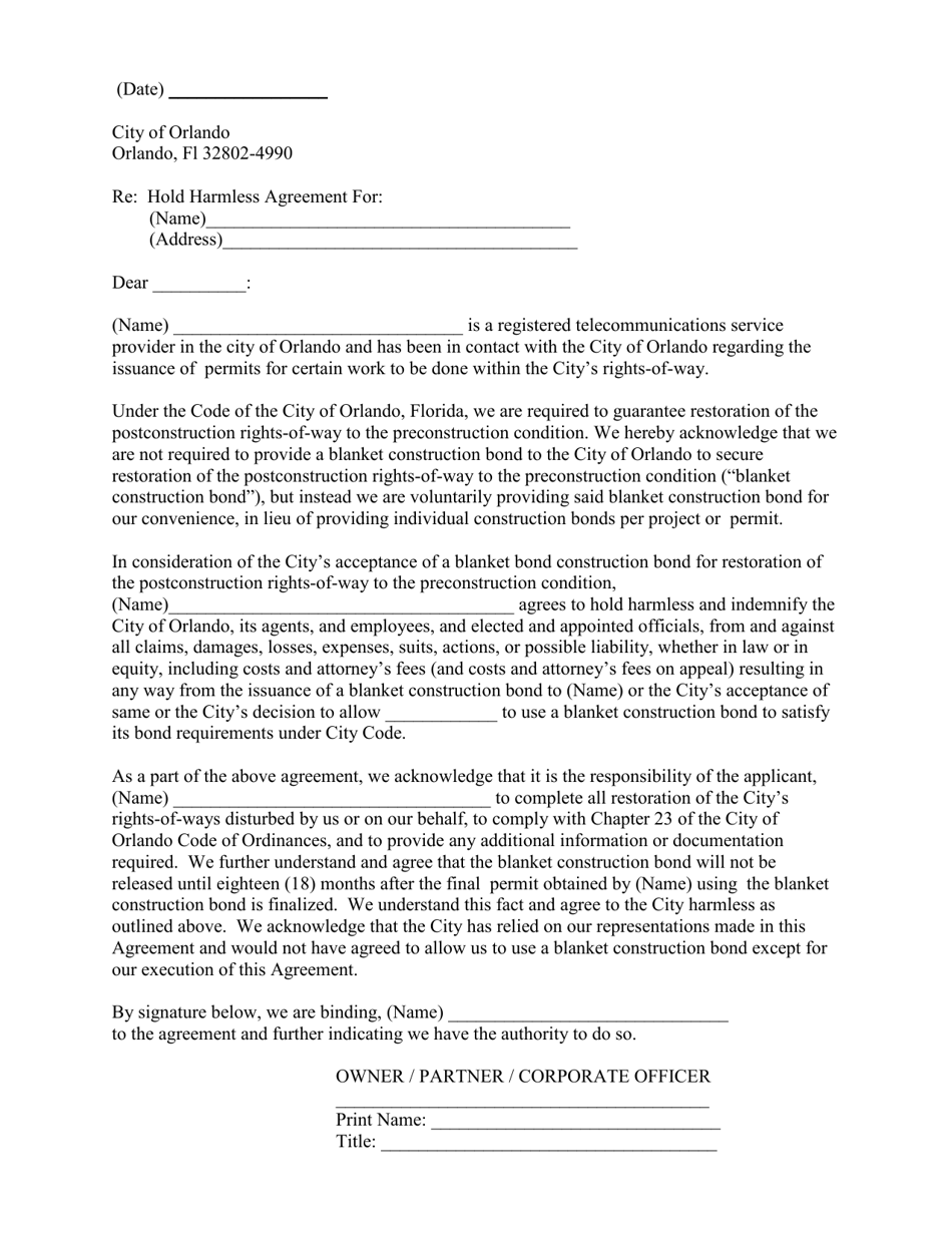Hold Harmless Agreement - City of Orlando, Florida, Page 1