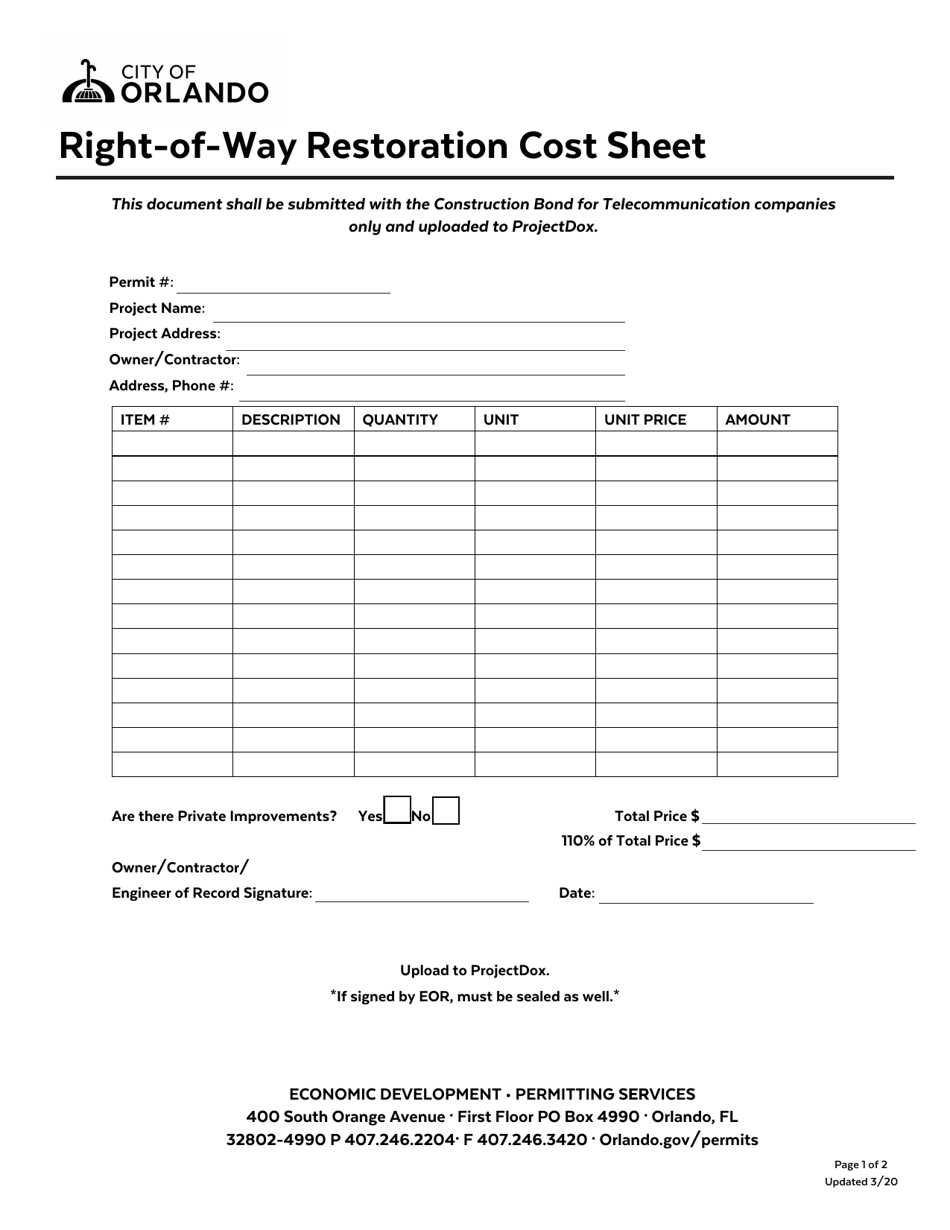 Right-Of-Way Restoration Cost Sheet - City of Orlando, Florida, Page 1