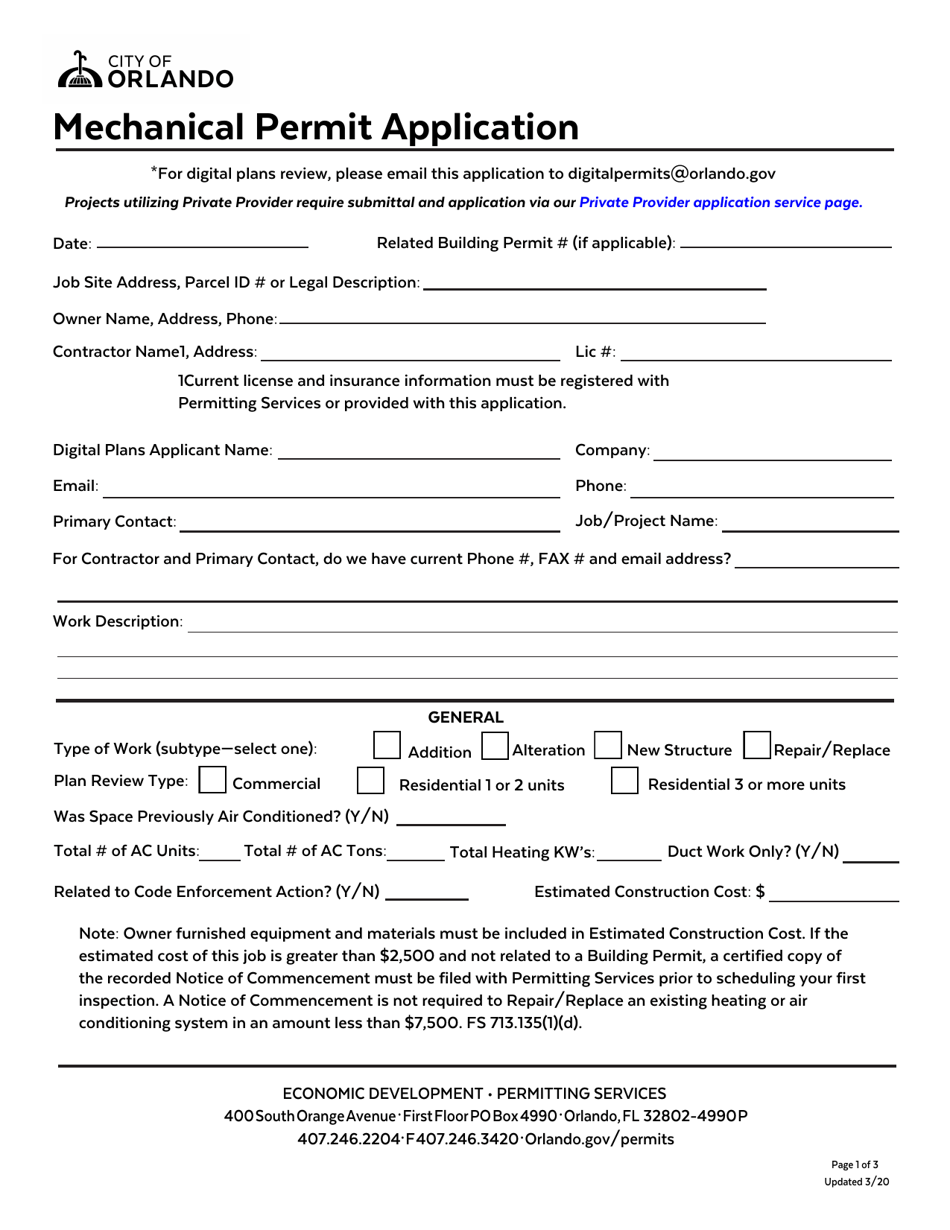 Mechanical Permit Application - City of Orlando, Florida, Page 1