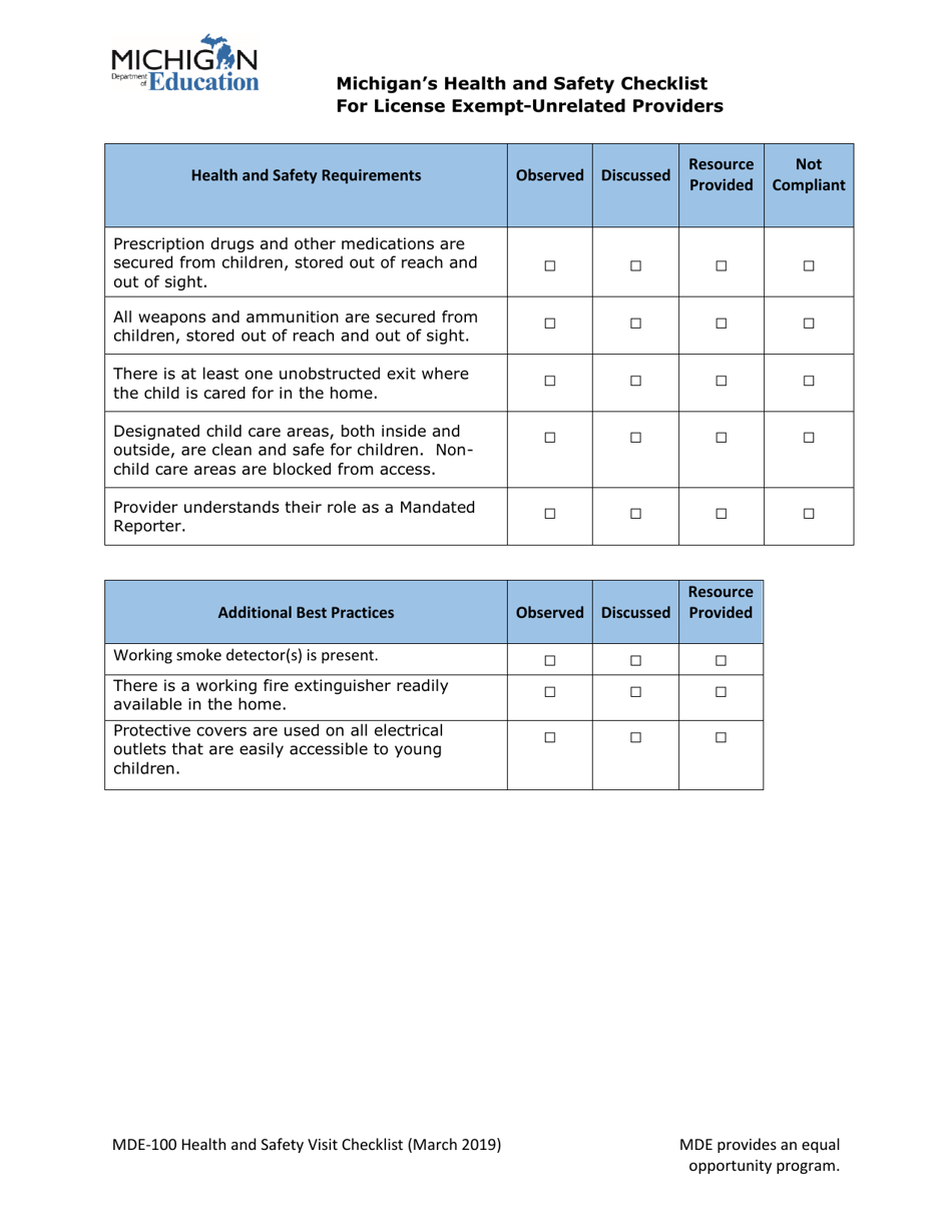 Form MDE-100 Michigans Health and Safety Checklist for License Exempt-Unrelated Providers - Michigan, Page 2