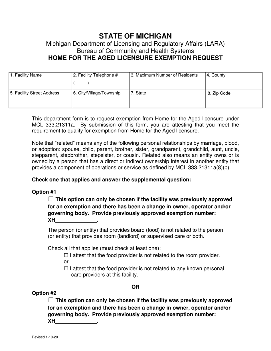 Home for the Aged Licensure Exemption Request - Michigan, Page 1