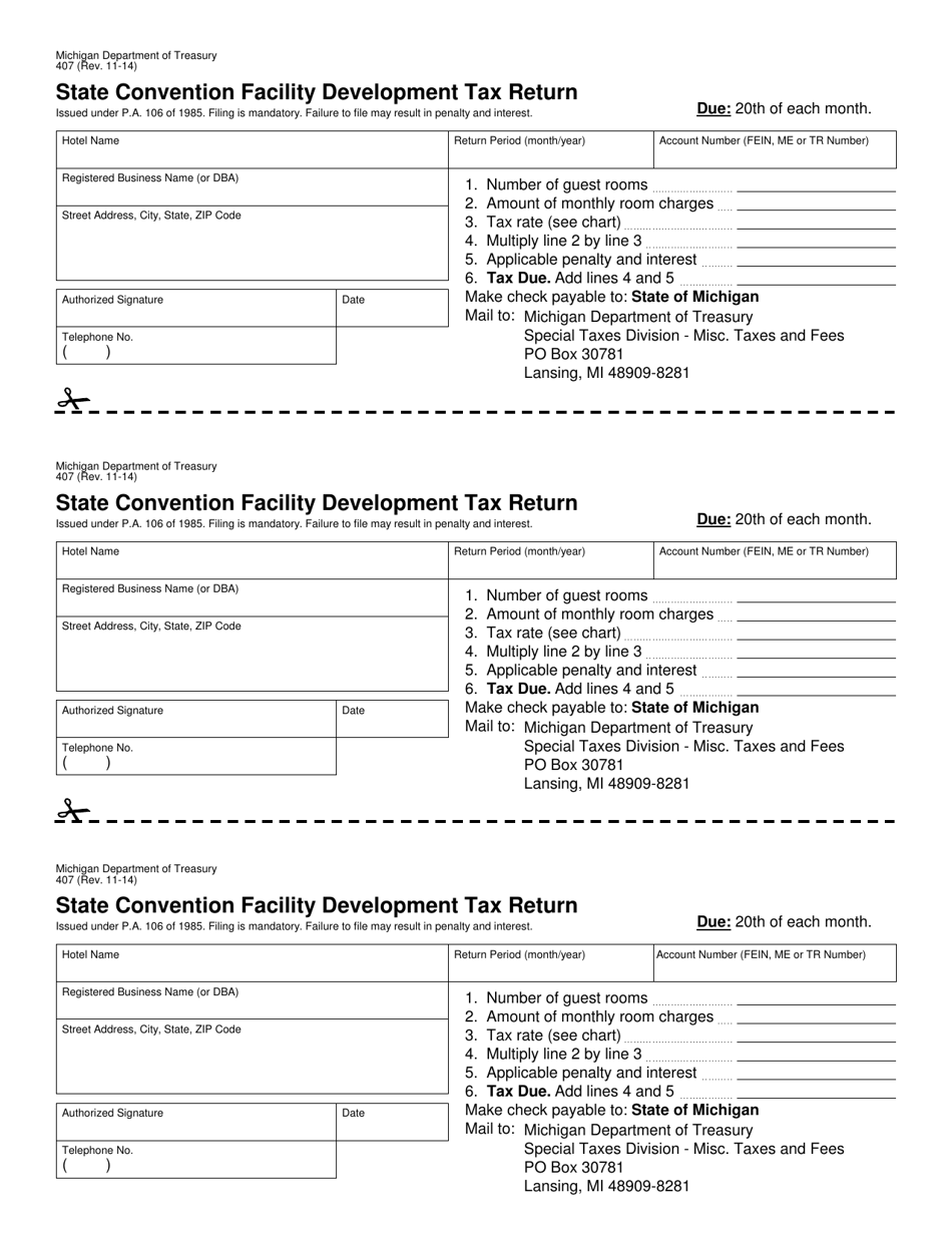 Form 407 State Convention Facility Development Tax Return - Michigan, Page 1