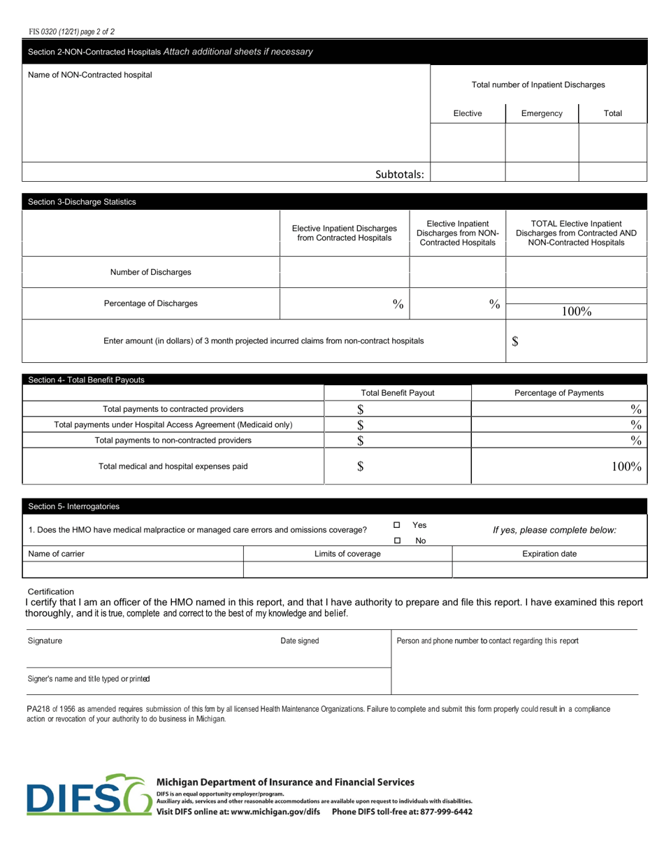 Form FIS0320 HMO Inpatient Discharges  Benefit Payouts Report - Michigan, Page 2