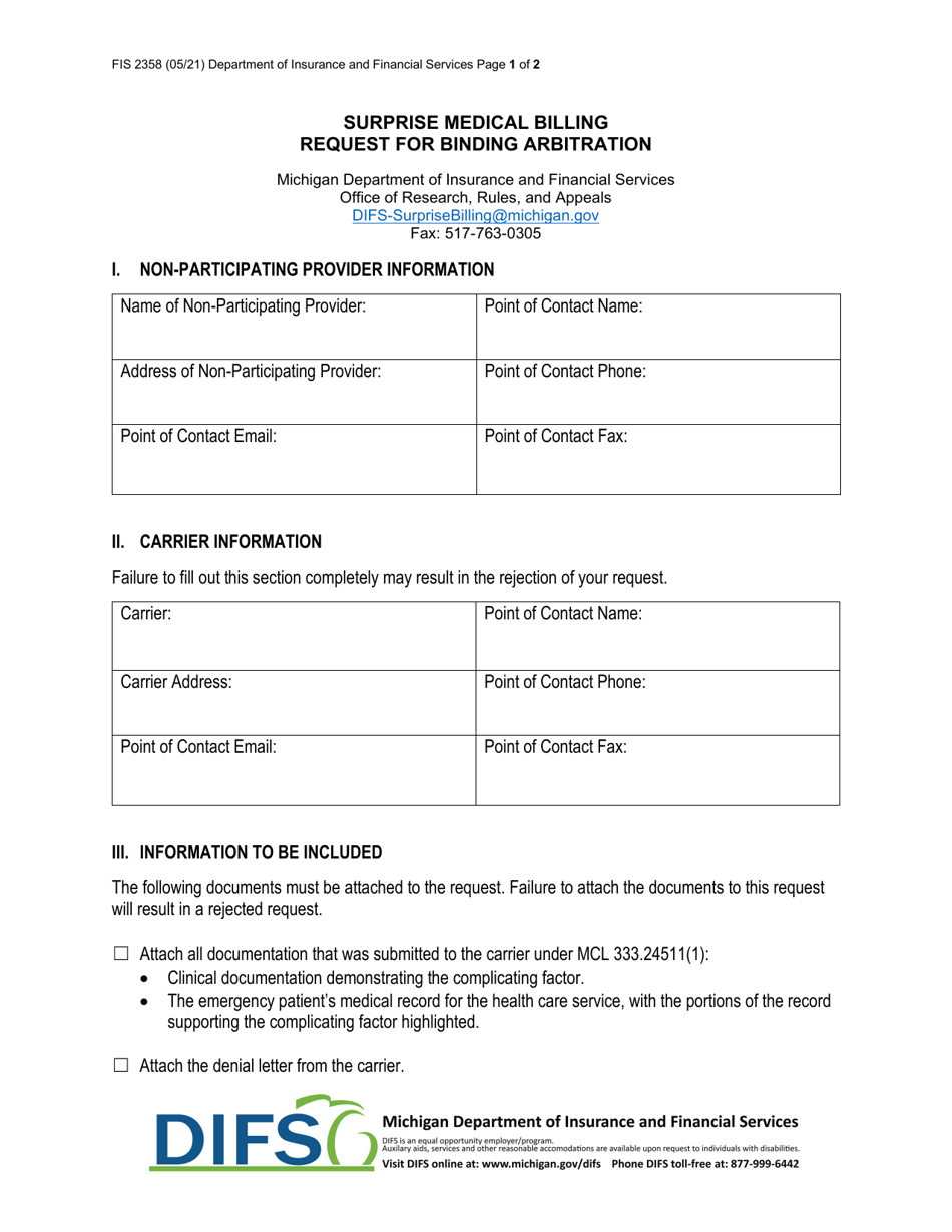 Form FIS2358 Surprise Medical Billing Request for Binding Arbitration - Michigan, Page 1