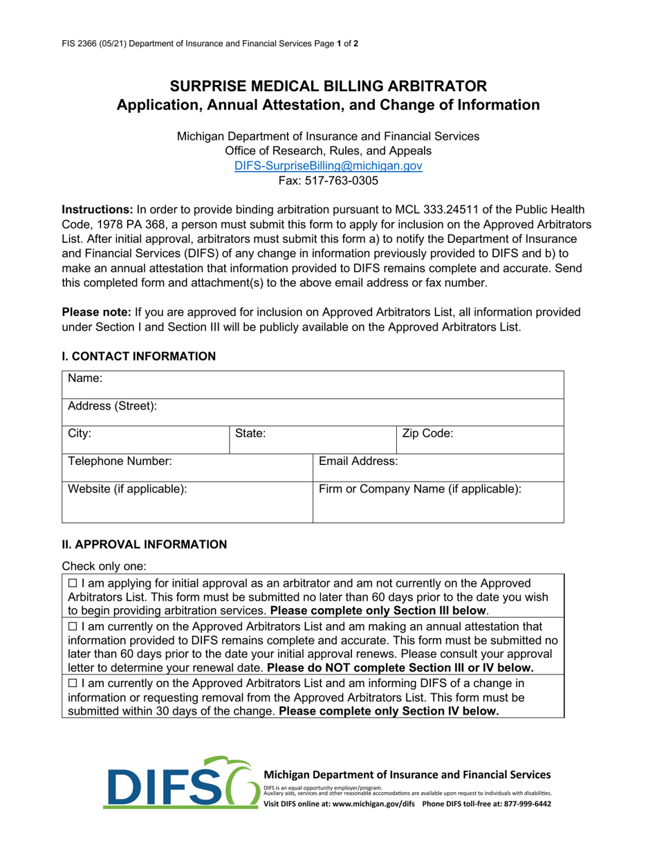 Form FIS2366 Surprise Medical Billing Arbitrator Application, Annual Attestation, and Change of Information - Michigan, Page 1