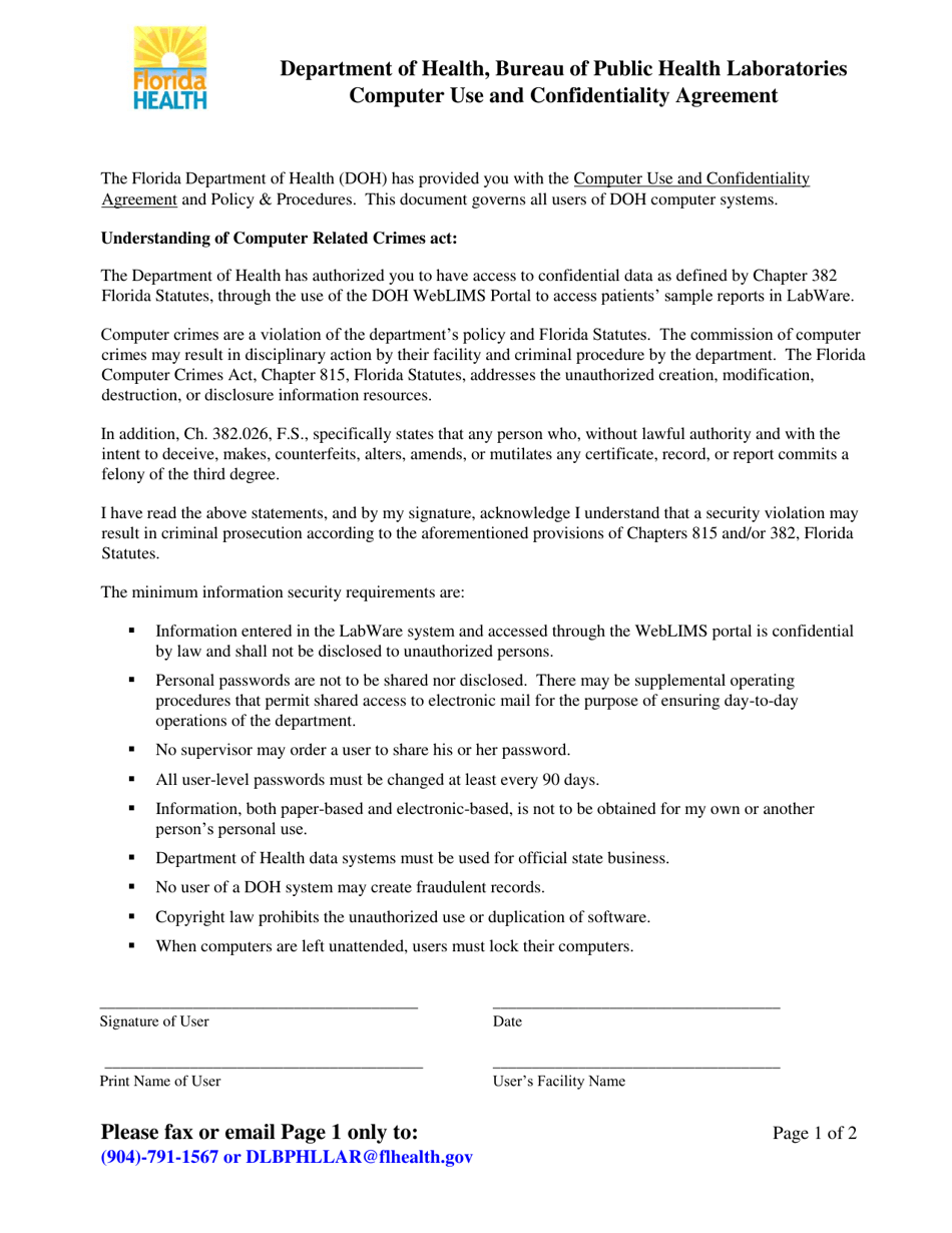 Florida Computer Use and Confidentiality Agreement - Fill Out, Sign ...
