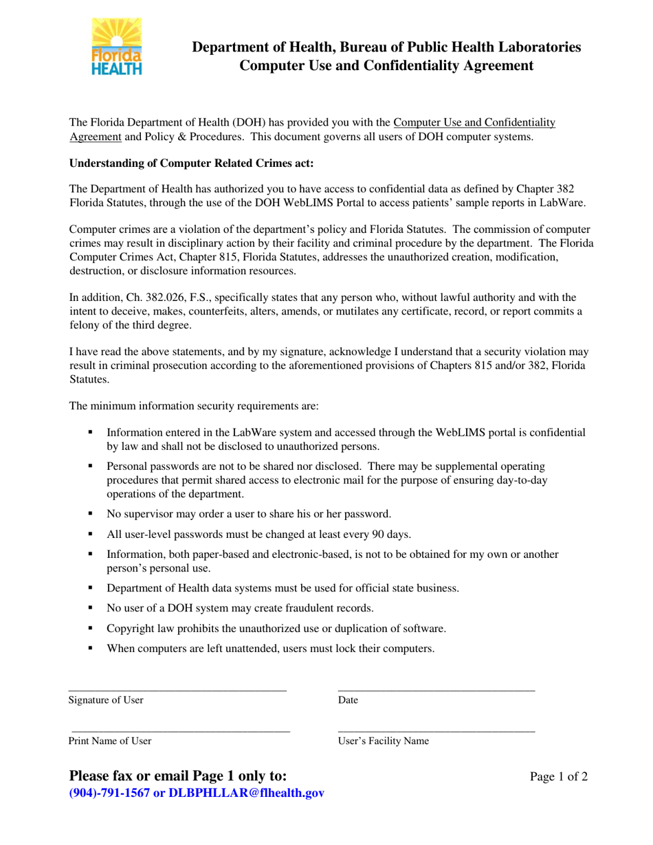 Computer Use and Confidentiality Agreement - Florida, Page 1