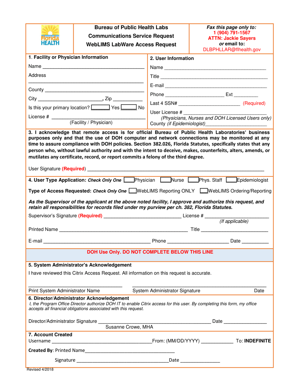 Weblims Labware Access Request - Florida, Page 2