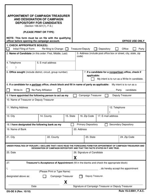 Form DS-DE9 Appointment of Campaign Treasurer and Designation of Campaign Depository for Candidates - Florida