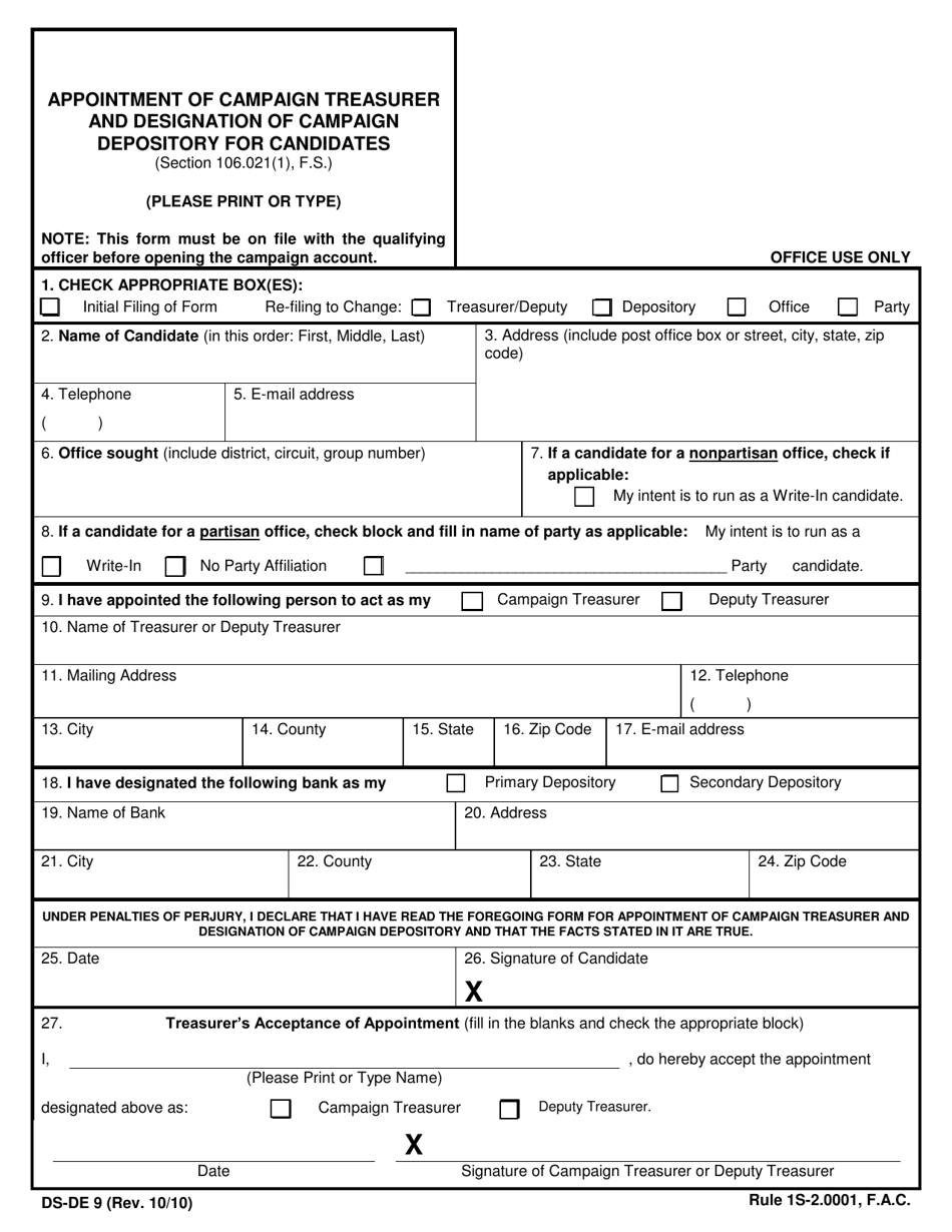 Form DS-DE9 Appointment of Campaign Treasurer and Designation of Campaign Depository for Candidates - Florida, Page 1