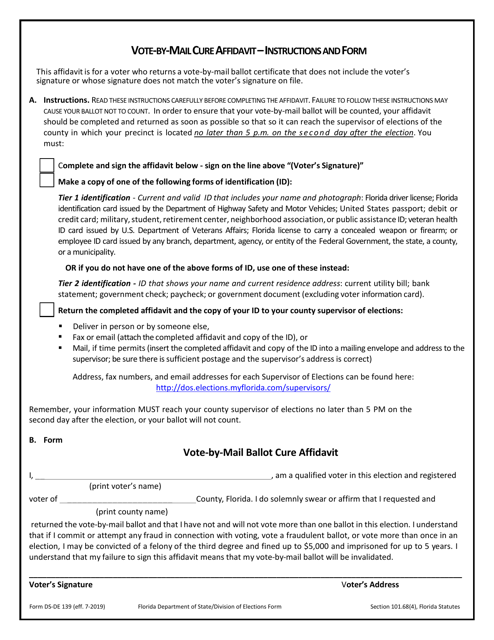 Form DS-DE139 Vote-By-Mail Cure Affidavit - Florida