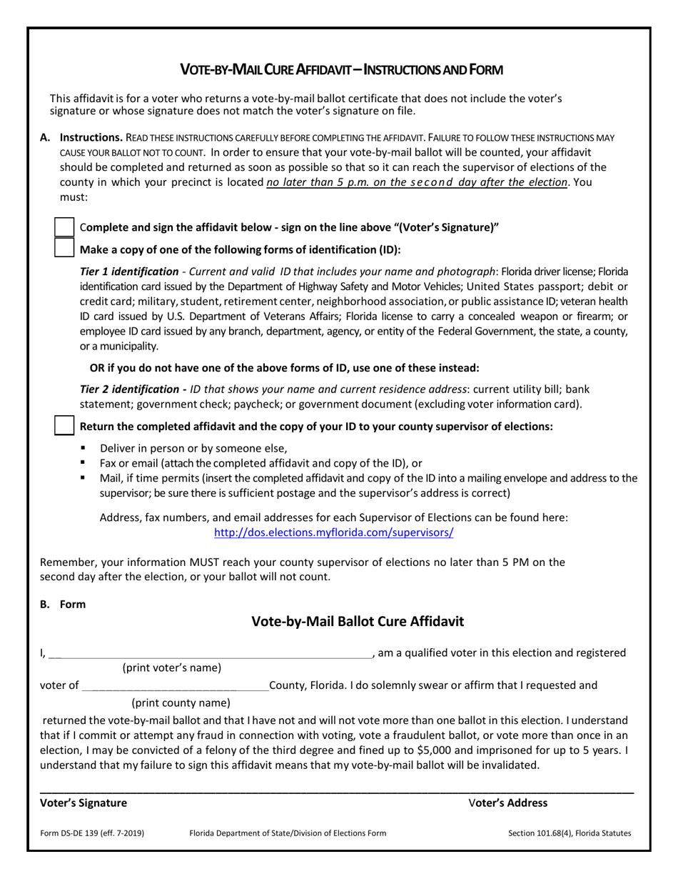 Form DS-DE139 Vote-By-Mail Cure Affidavit - Florida, Page 1