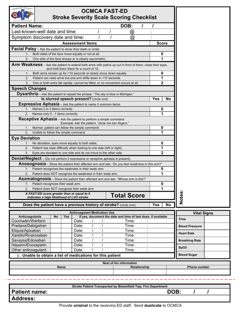 Ocmca Fast-Ed Stroke Severity Scale Scoring Checklist - Oakland County, Michigan Download Pdf