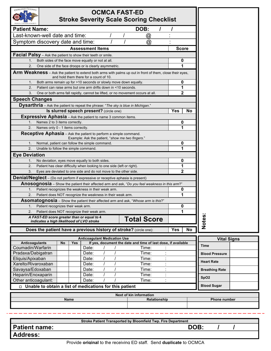 Ocmca Fast-Ed Stroke Severity Scale Scoring Checklist - Oakland County, Michigan, Page 1