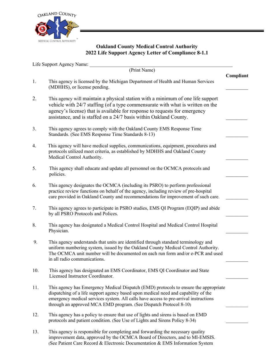 Life Support Agency Letter of Compliance 8-1.1 - Oakland County, Michigan, Page 1